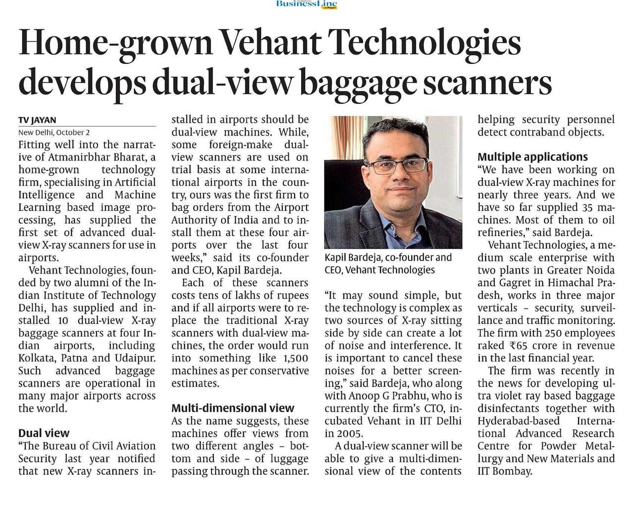 Hindu BusinessLine covers Dual View X-Ray Baggage Scanner on 2st October 2020